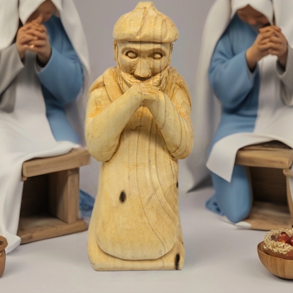 Nativity Shepard Praying Before Baby Jesus Wood Hand Carved By R. Herrenbruck